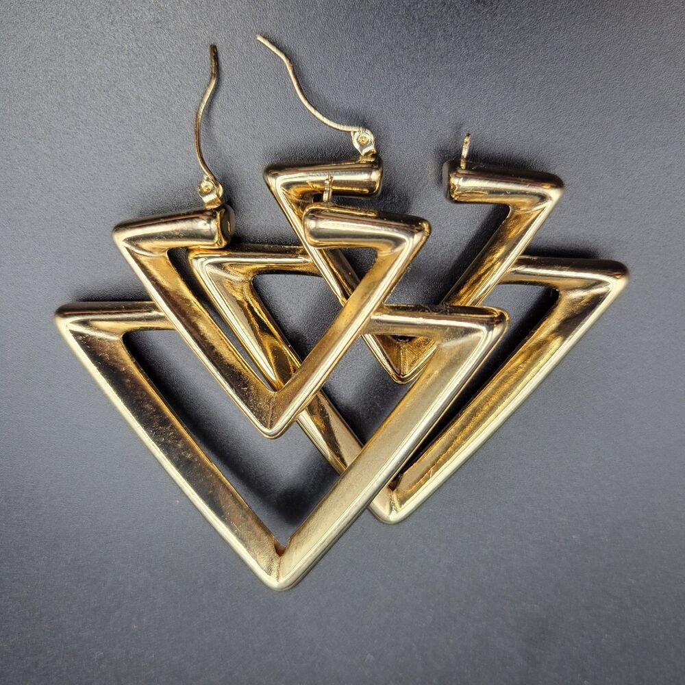 Pine Tree Medium Stacked Triangle Hoop Earrings Women Gold Tone Retro Statement
